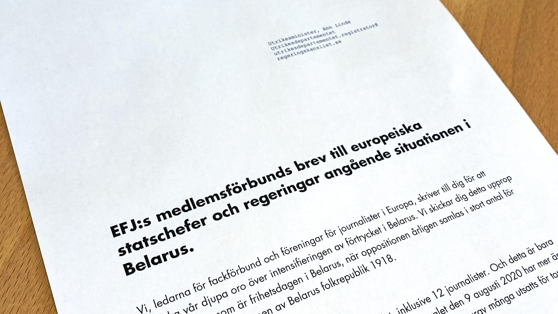 Bild på brevet till Ann Linde om Belarus