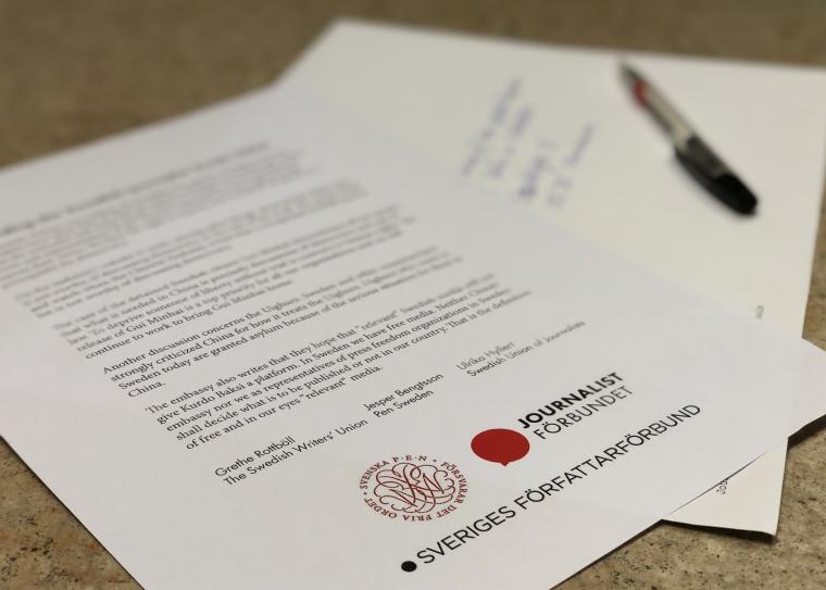 Brevet som är skickat till Kinas ambassad 