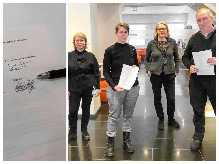 Katarina Dahlskog och Ulrika Hyllert från Journalistförbundet, Louise Bjarnestam och Hans O Andersson från Medieföretagen Foto: Katarina Dahlskog och Ulrika Hyllert från Journalistförbundet, Louise Bjarnestam och Hans O Andersson från Medieföretagen. 